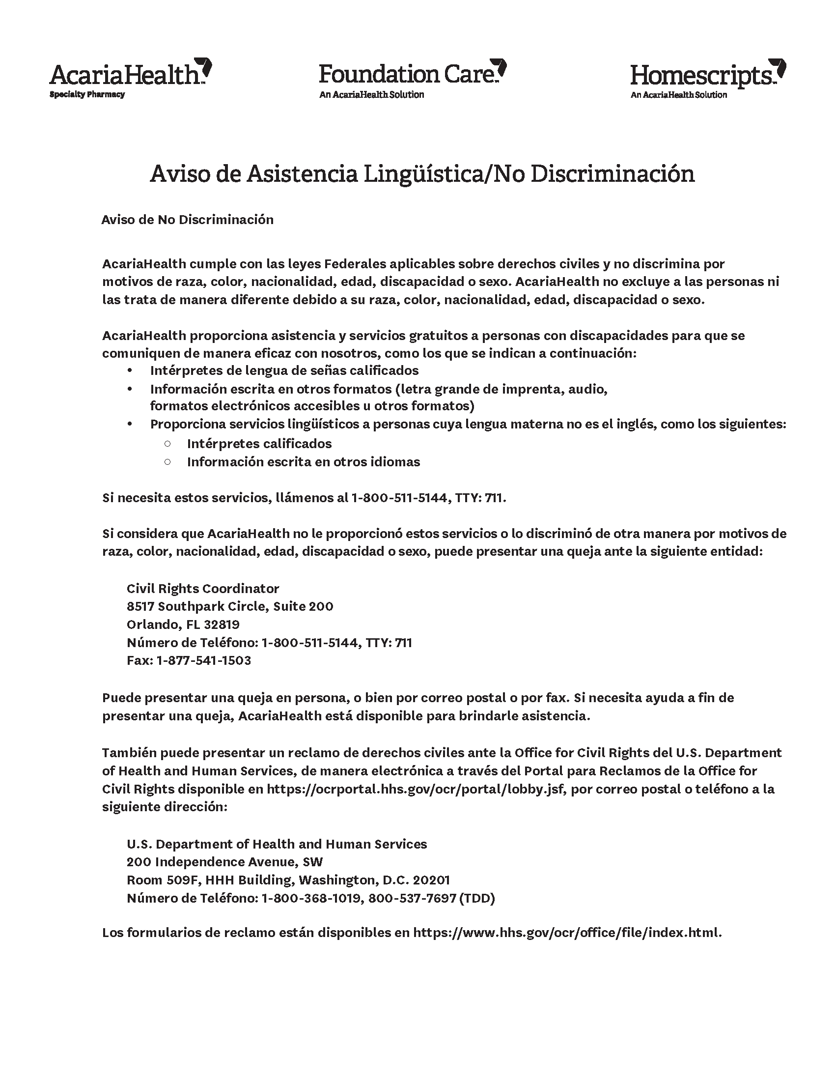 document example: Language Assistance Spanish