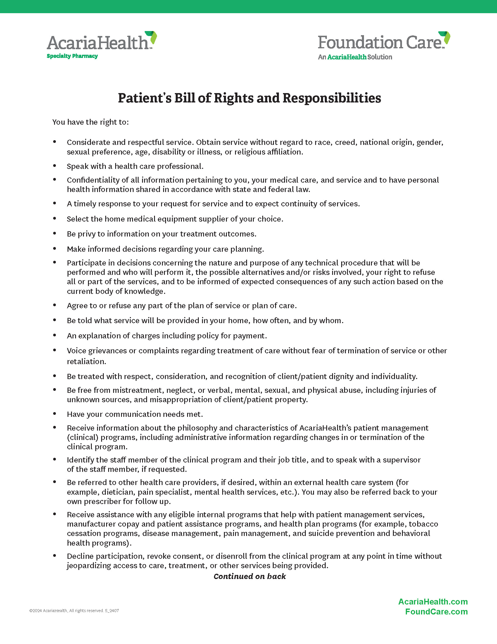 document example: Patient bill of rights