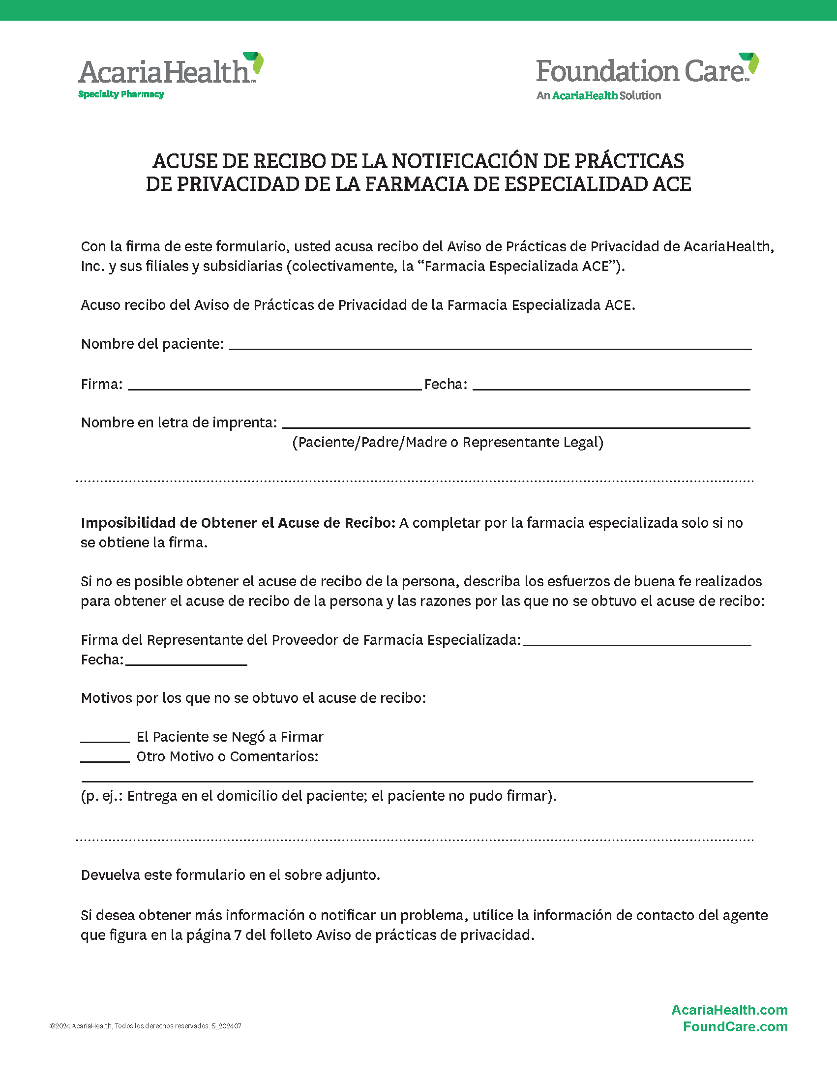 document example: Notice of Privacy Practices Acknowledgement of Receipt Spanish