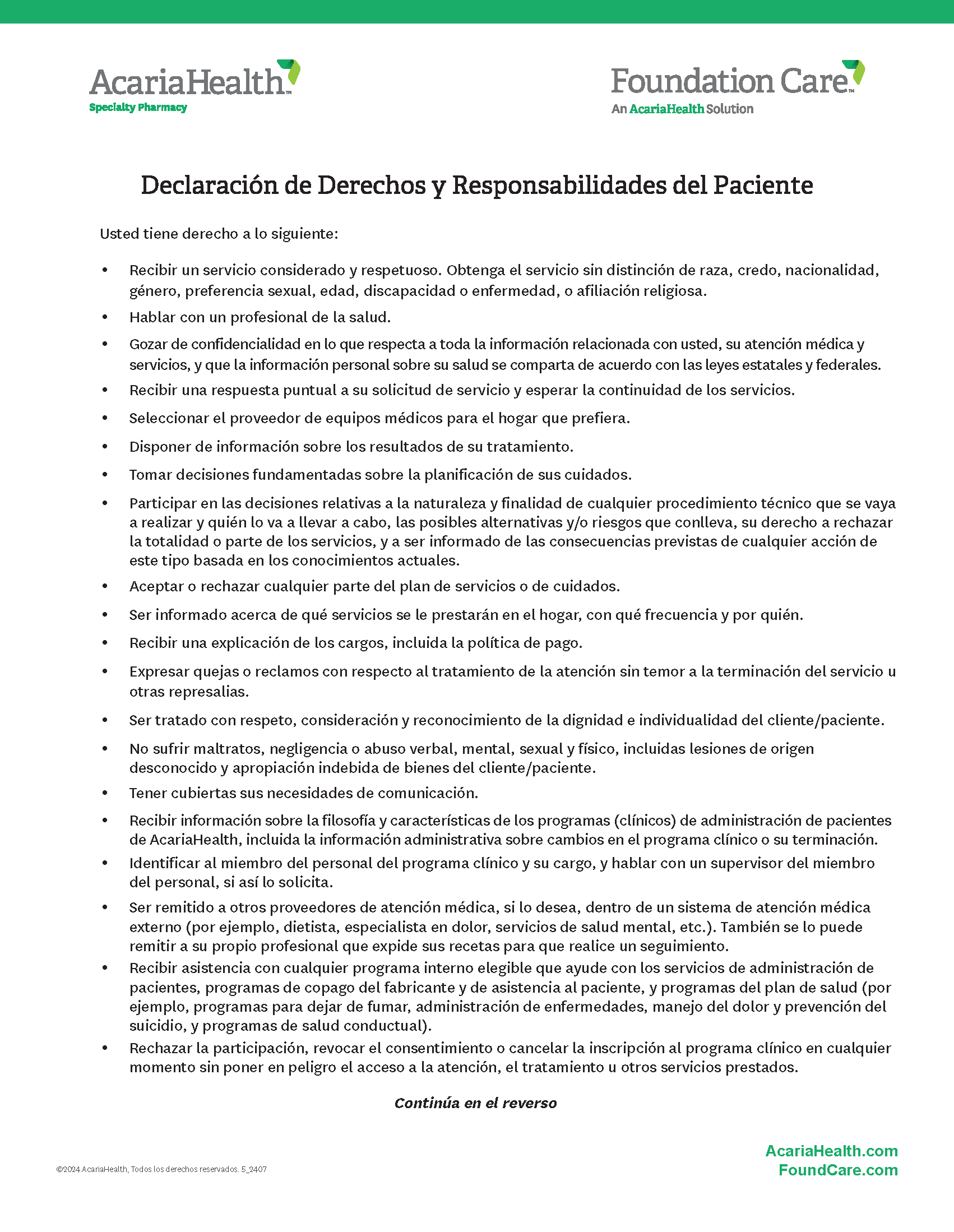 document example: Patient's Bill of Rights and Responsibilities Spanish