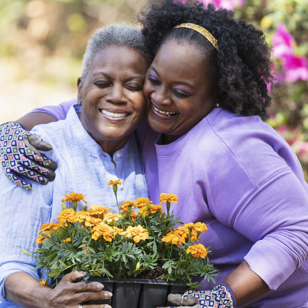 Middle aged woman with her mother planting flowers